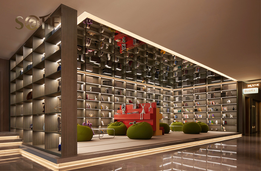 書店休閑閱讀區鏡面不銹鋼蜂窩板天花吊頂裝飾效果